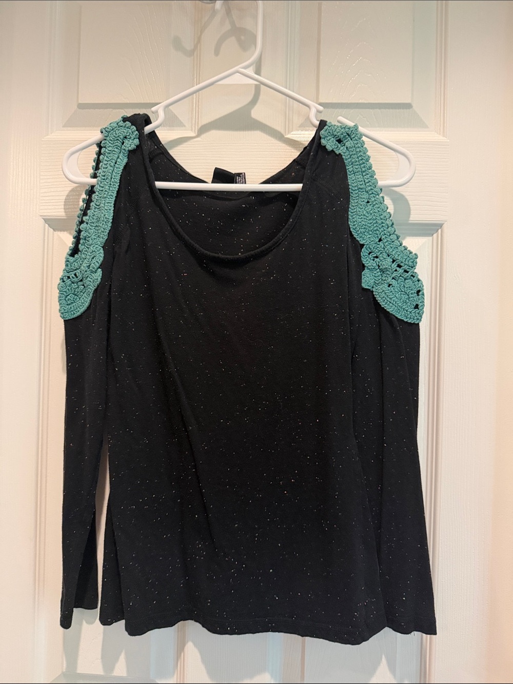 Cruel Girl Black Top with Teal Crochet Shoulder Accents